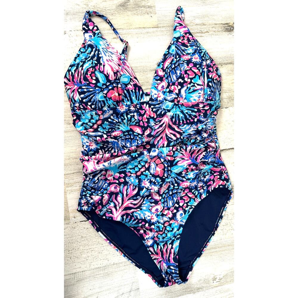Stella Parker Womens M Blue Multi Coral Print One Piece Swimsuit NWT